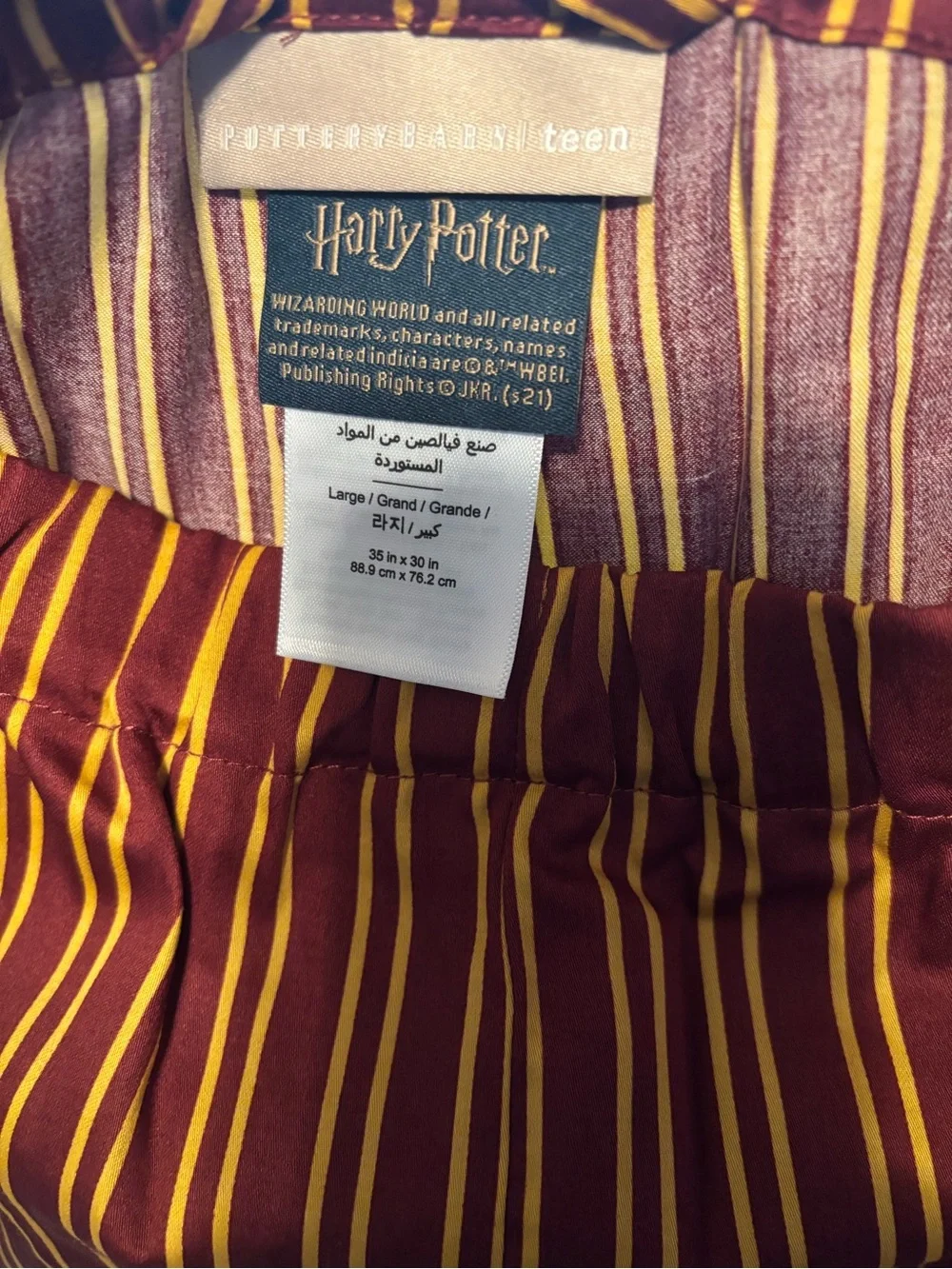 Pottery Barn Cotton Harry Potter Burgundy & Gold Striped Button-Up Pajama Set L